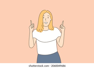 Portrait of young woman showing index finger up. concept of human emotions, facial expressions. front look. Hand drawn style vector design illustrations.