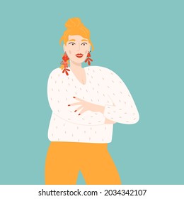 Portrait of a young woman standing with crossed arms. Flat vector illustration with a cute girl