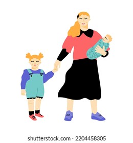 Portrait of young woman standing with her newborn and daughter. Mom and her children. Mother with infant kids. Vector flat illustration
