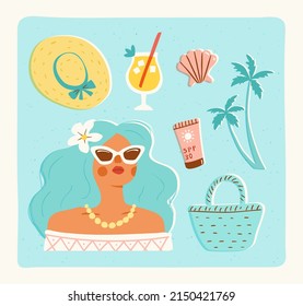 Portrait of a young woman in sunglasses on her summer vacation. Vector illustration of a stylish girl and beach vacation related items in trendy retro style.