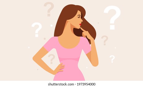 Portrait of young woman is thinking. Question marks are floating in the air behind. Attractive pretty woman with long hair. Making a choice concept. Caucasian ethnicity. Modern vector illustration