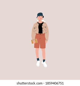 Portrait of young woman in trendy clothes . Happy teenager in casual clothes. Flat vector cartoon isolated illustration on white background