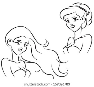 Portrait of the young woman with two different coiffures. Vector monochrome picture/Woman's portrait 