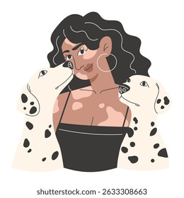 Portrait of young woman with vitiligo and two dalmatians. Diversity and pet love. Flat vector illustration on white background.