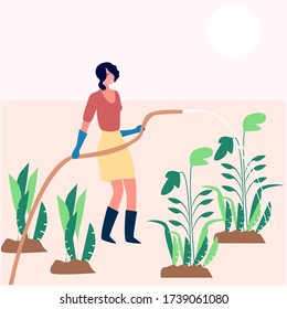 Portrait of a young woman watering a vegetable garden on a white background. Natural background. Cartoon vector flat illustration. working village concept. spring composition.