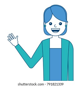 portrait young woman waving hand happy cartoon