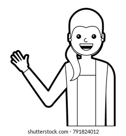 portrait young woman waving hand happy cartoon