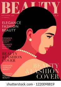 Portrait of young woman. Woman wearing black dress, earrings and necklace, looking down. Fashion magazine cover design. Vector illustration