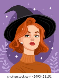 Retrato de una mujer joven con un sombrero de bruja negro y un suéter naranja. Bruja, hechicera. Halloween, Samhain. Chica pelirroja con ojos verdes. Fondo púrpura. Ilustración vectorial de dibujos animados. 