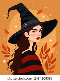 Retrato de una mujer joven con un sombrero de bruja negro y un suéter rojo. Bruja, hechicera. Halloween, Samhain. Morena con ojos verdes. Fondo naranja. Las hojas de otoño de octubre.