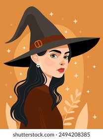 Retrato de una mujer joven usando un sombrero de bruja negro. Bruja, hechicera. Halloween, Samhain. Morena con ojos verdes. Fondo naranja. 