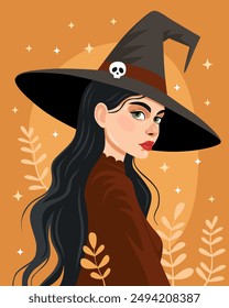 Portrait of a young woman wearing a black witch hat. Witch, sorceress. Halloween, samhain. Brunette with green eyes. Orange background. 