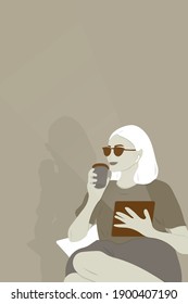 Portrait of a young woman wearing casual outfit of trendy colors, holding a tablet and a paper cup of coffee, flat illustration of studying at home during lockdown 