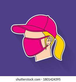Portrait of young woman wearing a hat and face mask flat design. Vector illustration