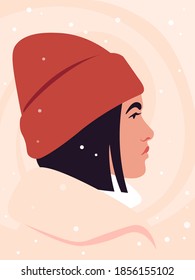 Portrait of a young woman wearing hat. Side view. Profile under snowfall. Christmas and winter holidays. Vector illustration in flat style.