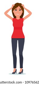 Portrait young woman who grabbed her head in fear. Human facial expression, body language, reaction, life perception. Vector flat cartoon design illustration isolated on white background.