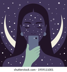 Portrait of a young woman who looks into her smartphone on the background with night sky with stars.  Astrology and horoscopes. Vector flat illustration