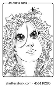 Portrait of young woman who loves nature, animals, music and surfing - Coloring Book