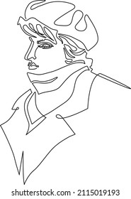 Portrait of a young woman in a winter coat, beret and scarf. Continuous line drawing. Vector illustration