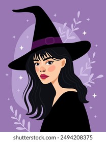 Portrait of a young woman. Witch, sorceress. The girl in a black witch's hat and a black dress. Halloween and Samhain. Purple background. Asian girl. 