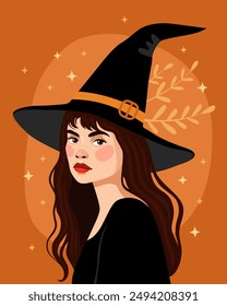 Portrait of a young woman. Witch, sorceress. The girl in a black witch's hat and a black dress. Halloween and Samhain. Orange background. Brunette with brown eyes.