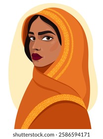 Portrait of a young woman in a yellow hijab. Arab, Islamic woman. Girl in traditional dress. Women's day.