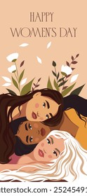 Portrait of young women of different skin colors and nationalities posing against the background of snowdrop flowers. Women's Day. For banner, advertisement, website, postcard.  Women's empowerment.