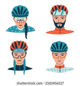 Portrait of young women and men wearing bicycle helmets and sports goggles.  Avatars of a cyclist in uniform  in flat line style. Isolated vector illustration