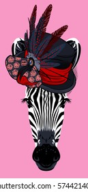 Portrait of a zebra in a hat with feathers and veil