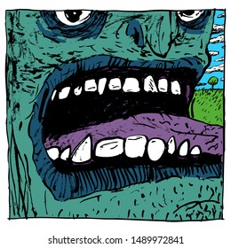 Portrait of a zombie very close, teeth, nose, tongue, eyes, against the backdrop of the landscape. Color illustration, can be useful in publications, packaging design, on posters and banners.
