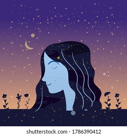 Portraite profile a girl with hair night sky stars. Female portrait character of magic night fairy fantasy. Vector isolated illustration