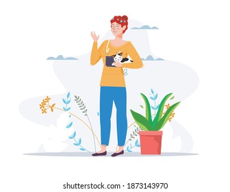 Portraits of adorable cat owners and cute domestic animals. Cat lover, website, simple, less. Vector flat illustration