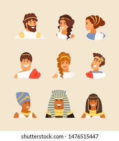 Portraits of ancient Greeks, Romans and Egyptians set. Appearance and hairstyles of the ancient world. Vector illustration