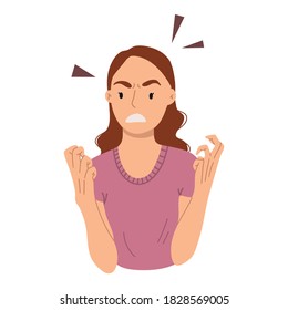 Portraits of angry, furious young woman in pink T-shirt with isolated on white background. Flat cartoon vector hand drawn illustration.