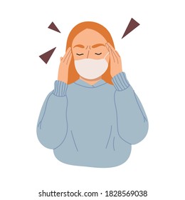 Portraits of angry, furious young woman in blue pullover with face mask to protect against the virus isolated on white background. Flat cartoon vector hand drawn illustration.