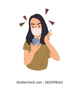 Portraits of angry, furious young woman looks at the phone in green T-shirt with face mask to protect against the virus isolated on white background. Flat cartoon vector hand drawn illustration.