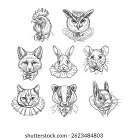 Portraits of animals in ancient costumes. Owl, badger, rooster, fox, mouse, squirrel, cat. Vector graphics