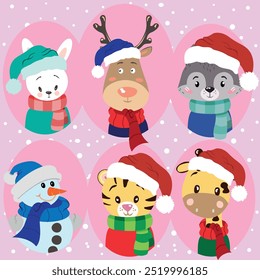 Portraits of animals in Santa Claus Christmas Hats