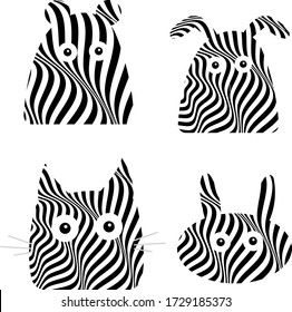 portraits of animals in the style of op art objects for design on a white background