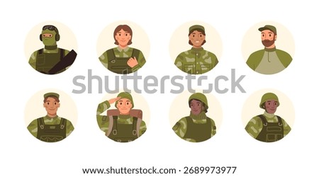 Portraits of armed forces people different nationalities, isolated icons of army characters. Vector men and women in defense uniform. Military, soldiers and employees of combatants units