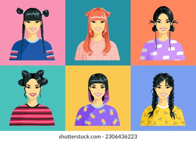 Portraits of Asian girls on colored backgrounds. Avatars of smiling young women. Girls with braids, bunches of hair, bob cut, hair bows, hair ears. Cartoon style. Vector illustration.