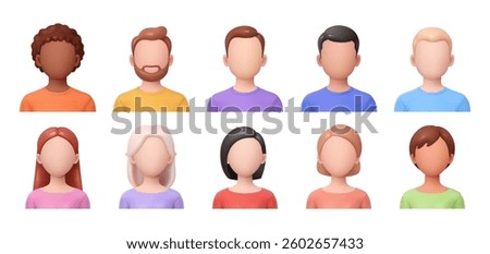 Portraits and avatars making. Vector isolated 3d, set of characters faces with no features. Blank expression of men, women and children. Social media and metaverse pictures for accounts