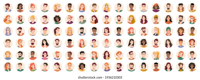 Portraits and avatars of people, male and female expressing emotions. Laughter and joy, smile and calmness. Diversity of personages, multiethnic society. Cartoon characters, vector in flat style - Shutterstock ID 1936210303