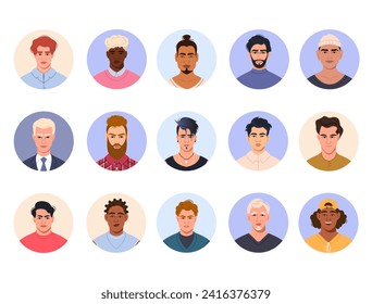 Portraits and avatars of young men of different appearance and nationality within the circles. A collection of faces and icons of male characters for user profiles. Avatars in circles. Vector 