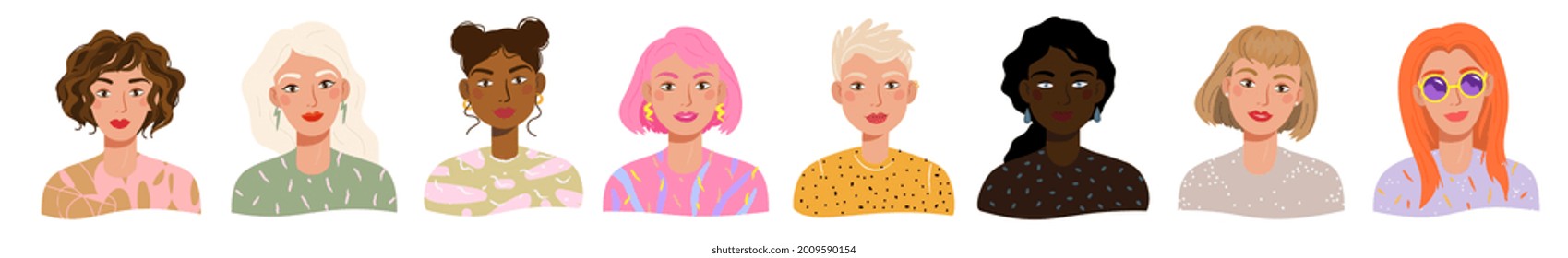 Portraits of beautiful different women with various hair, skin, clothes, face. Vector avatars set of diversity female characters in cartoon flat style isolated on white. Trendy girls portraits looks