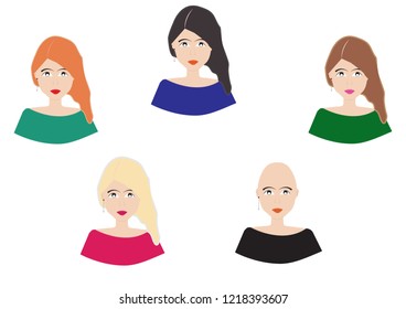 Portraits of a beautiful girl with different colors of hair and colored lips. Girl without hair. Transformation.