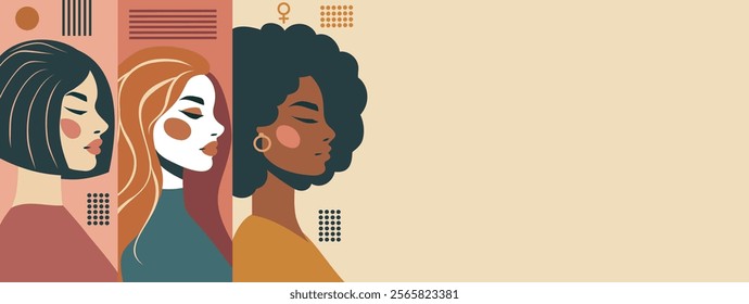 Portraits of beautiful women of different skin colors and hairstyles. Women's day, feminism day, equality day. Vector banner with space for text for women's holidays and projects