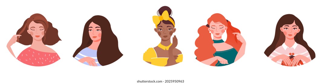 Portraits of beautiful women. Girls with different hairstyles, skin color, age and nationality. Avatars for social networks. Cartoon flat vector collection of characters isolated on white background