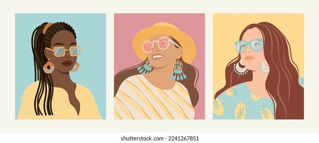 Portraits of beautiful women in trendy sunglasses. Girls of different nationalities in summer clothes. Vector fashion poster, avatar set.