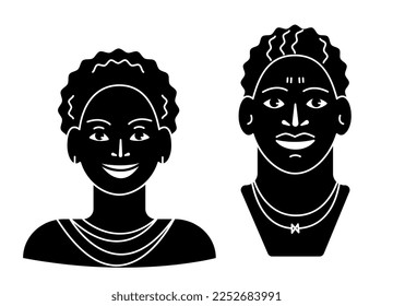 Portraits of black people, women and men, African Americans, Africans. Monochrome line drawing.